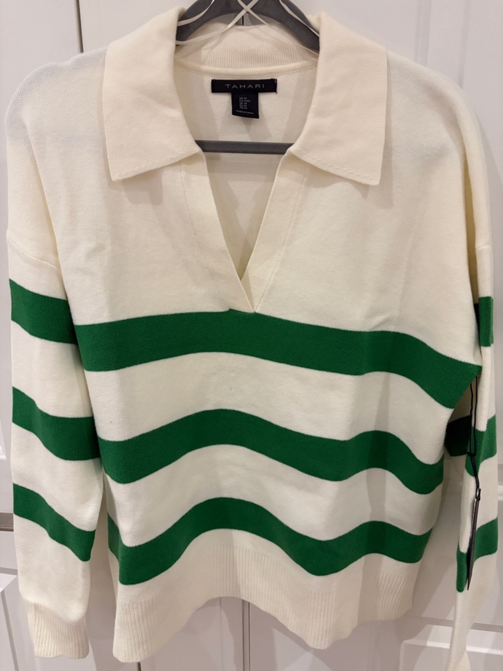 Tahari Cream and Green V-Neck Striped Polo Sweater